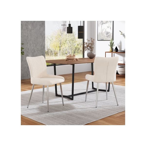 Stol i sammet för matbord, uppsättning av 2, med fyra ben i silverfärgad metall, länd stöds, beige