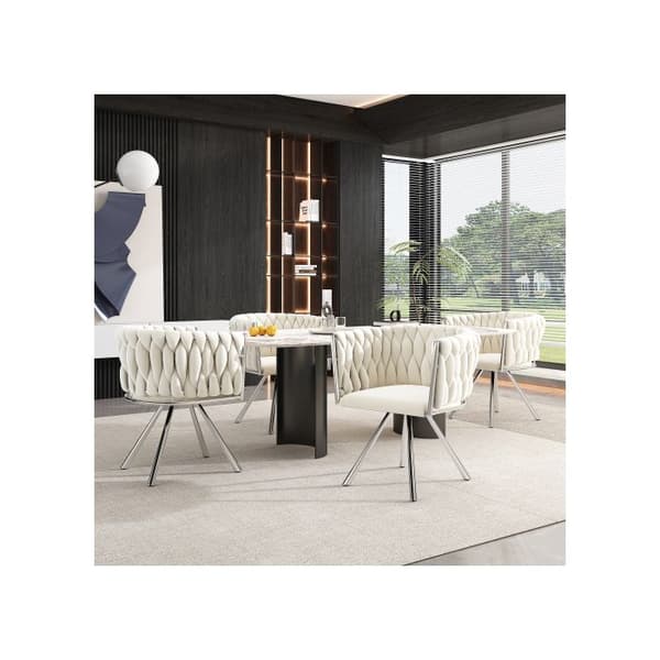 Stol i sammet för matsalen, set om 4 med fyra metallben, beige + silver