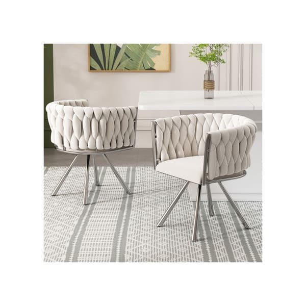 Stol i sammet för matsalen, set om 4 med fyra metallben, beige + silver