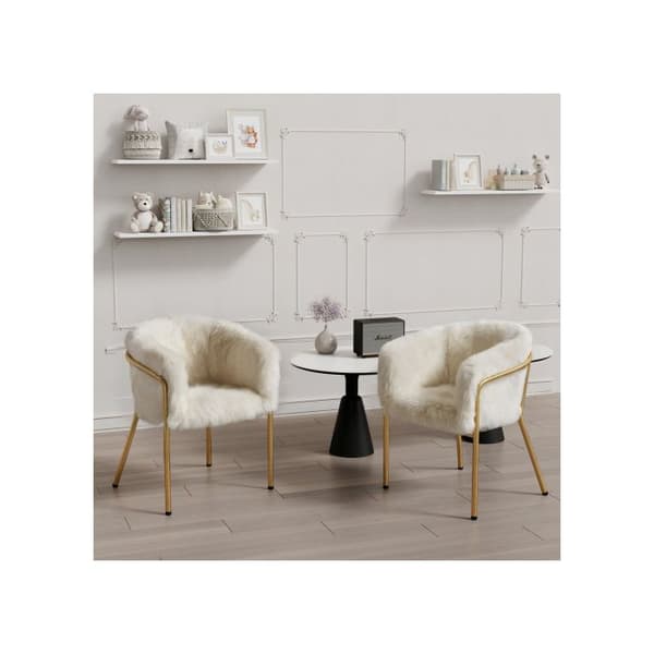 Lång stol, matstol med fyra metallben, imitationspäls av kanin, beige