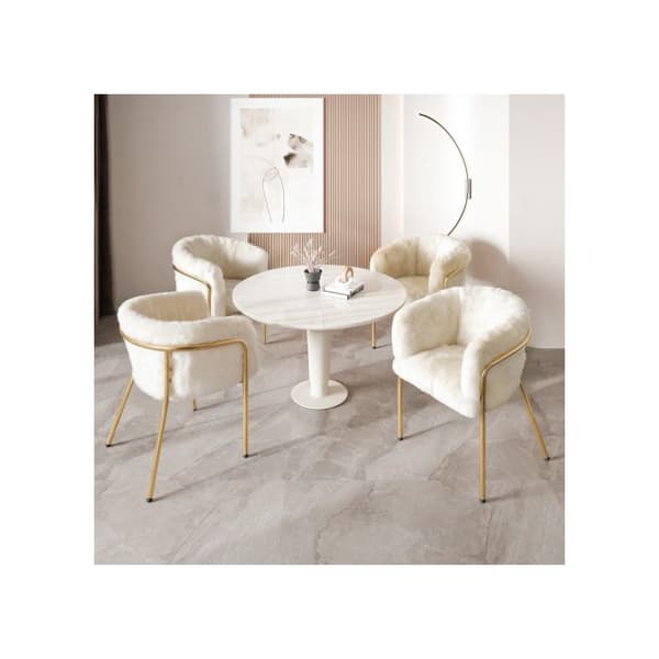 Lång stol, matstol med fyra metallben, imitationspäls av kanin, beige