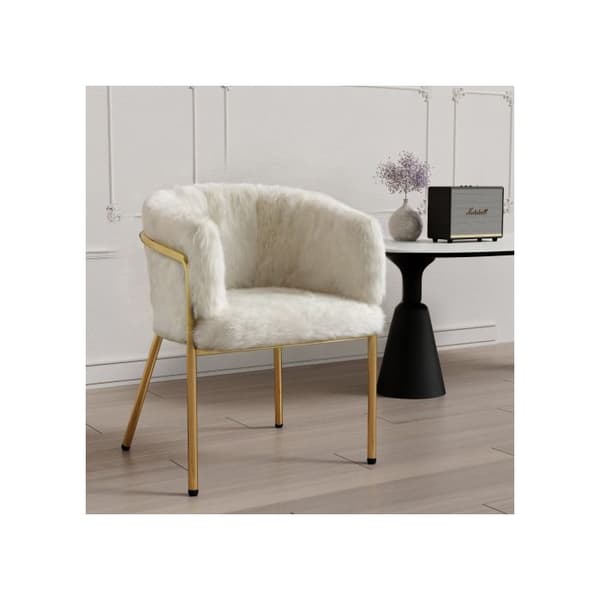 Lång stol, matstol med fyra metallben, imitationspäls av kanin, beige