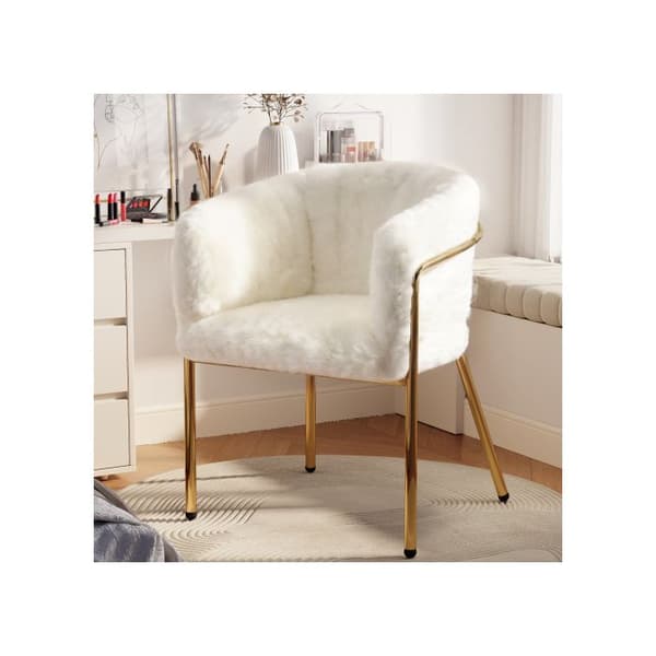 Lång stol, matstol med fyra metallben, imitationspäls av kanin, beige