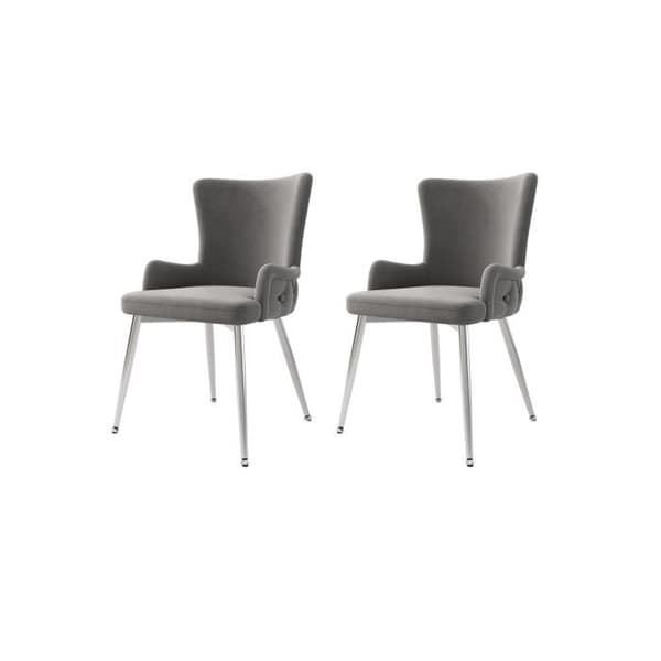 Matstol i sammet, set med 2, med fyra ben i silverfärgad metall, grå
