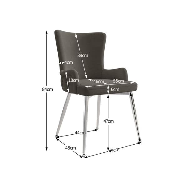 Matstol i sammet, set med 2, med fyra ben i silverfärgad metall, grå