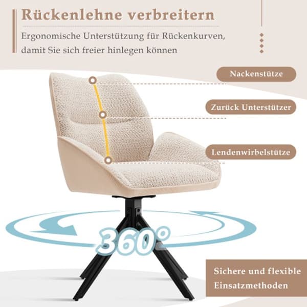 Sittstolar för matsal 2 st, 360° svängbar, fåtölj, sherpa, mjuk sits, bred kudde, järnstruktur, beige