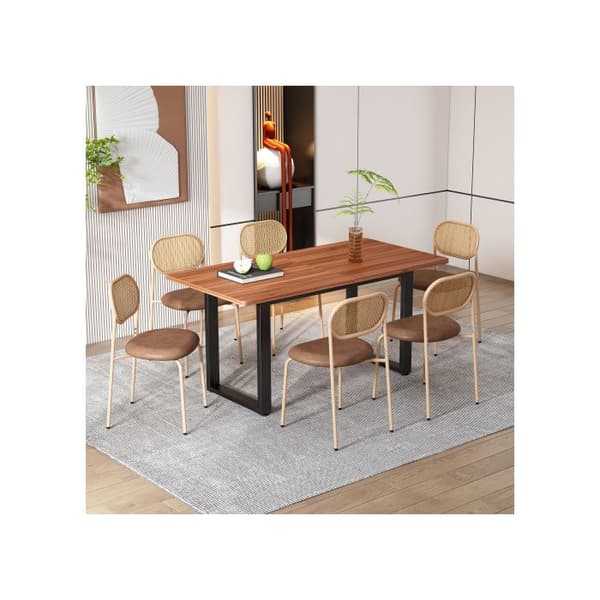 Set av 4 matstolar med fyra metallben, loungestol i rotting, brun
