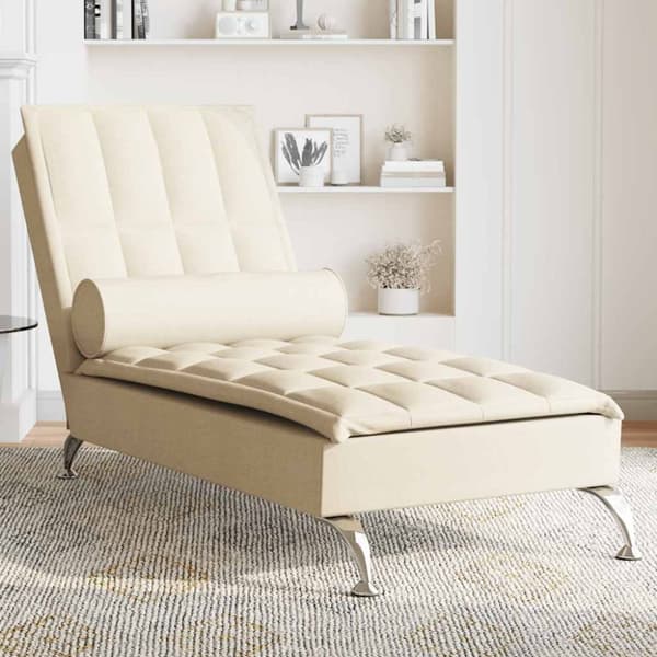 Massageschäslong med bolster gräddvit tyg