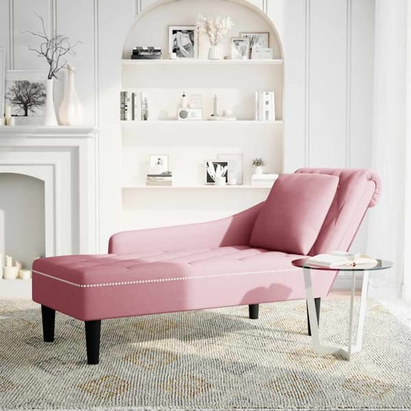 Schäslong med kudde och höger armstöd rosa sammet