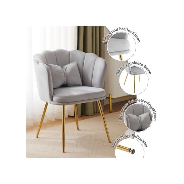 Chaise longue, badstol, bekväm stoppad stol med blomblad ryggstöd, metallben i guld och fjärilskuddar