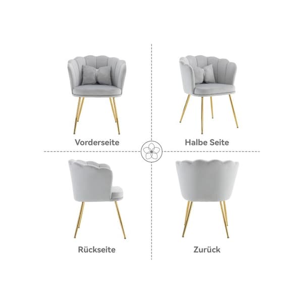 Chaise longue, badstol, bekväm stoppad stol med blomblad ryggstöd, metallben i guld och fjärilskuddar
