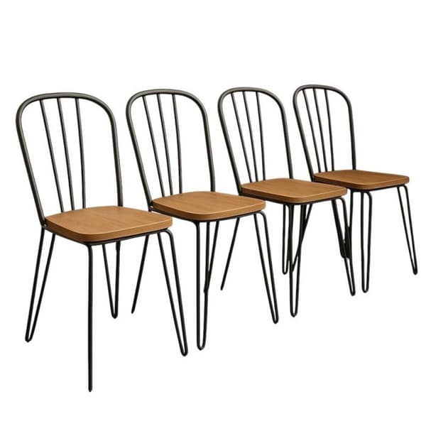 Set om 4 stolar i industriell stil – Matt svart metall &amp; sits i ljust trä – Spikben