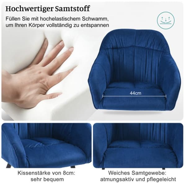 Matstol (2 stycken), Klädd stol med metallben, sammetsklädsel, justerbara framben, blå