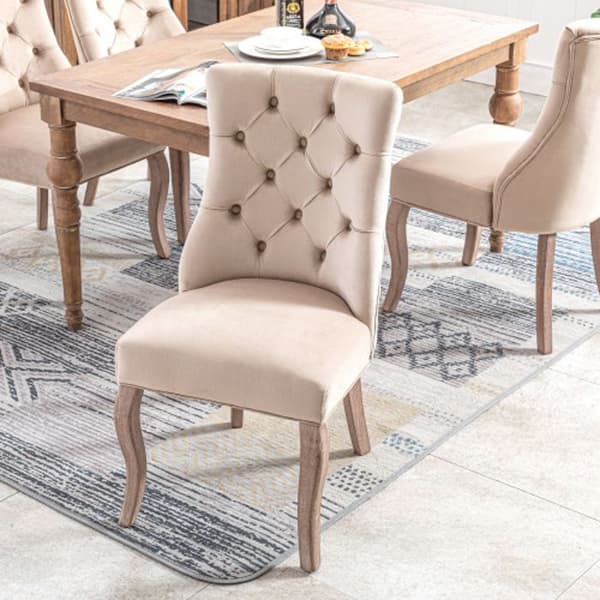 Kvadratstol, matstols i beige sammet med sömmar, struktur i massivt trä (set om 6)