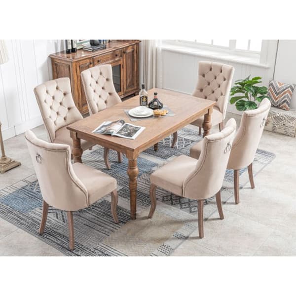 Kvadratstol, matstols i beige sammet med sömmar, struktur i massivt trä (set om 6)