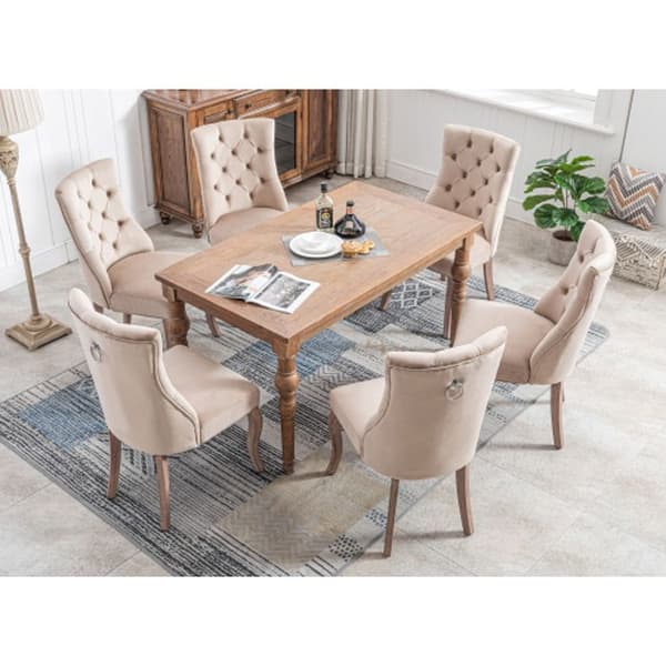 Kvadratstol, matstols i beige sammet med sömmar, struktur i massivt trä (set om 6)