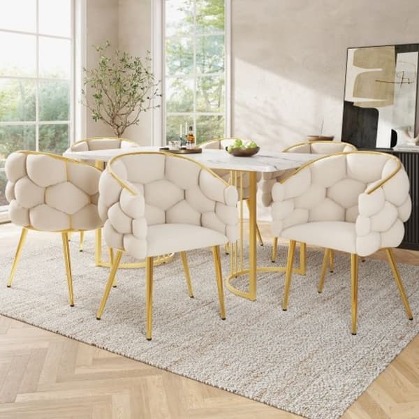 Lyxig sammetsstol (6 delar) Ben i förgytt järn, Beige stol, Bubblestol, Ergonomisk stol