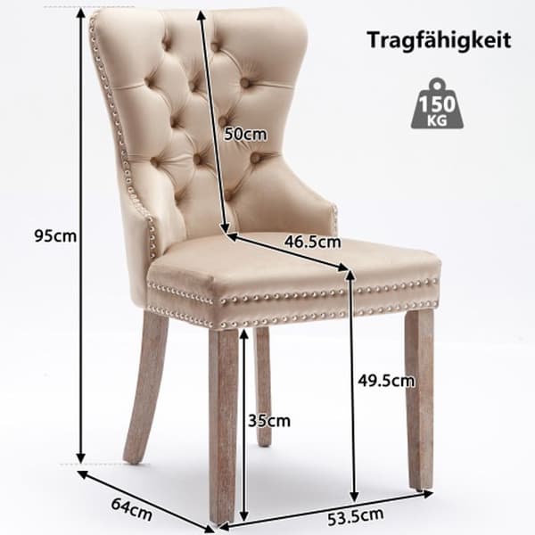Matstolar (med en enda klapp, 4 stycken), klädda med nitar, ben i massiv trä, beige