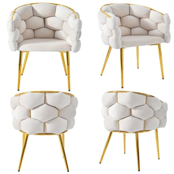 Lyxig sammetstol (4 delar), ben i guldpläterad järn, beige stol, bubbelsol, ergonomisk stol