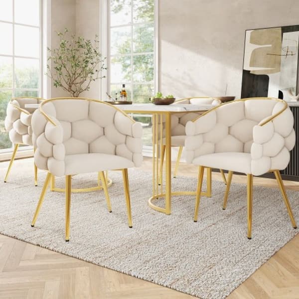 Lyxig sammetstol (4 delar), ben i guldpläterad järn, beige stol, bubbelsol, ergonomisk stol