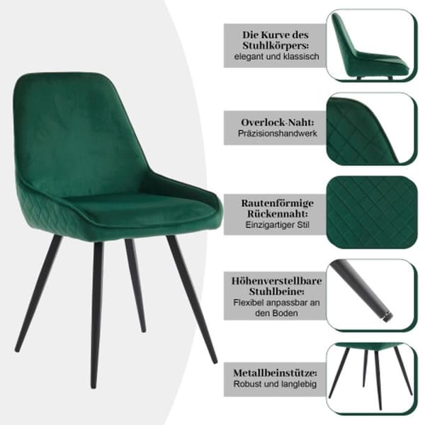 Matsalsstol med ryggstöd (2 stycken) Ergonomisk stol, metallben, mörkgrön