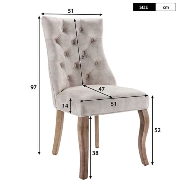Fyrkantig stol, matstol i ljust beige sammet, hög rygg med knappnålar (set om 4)