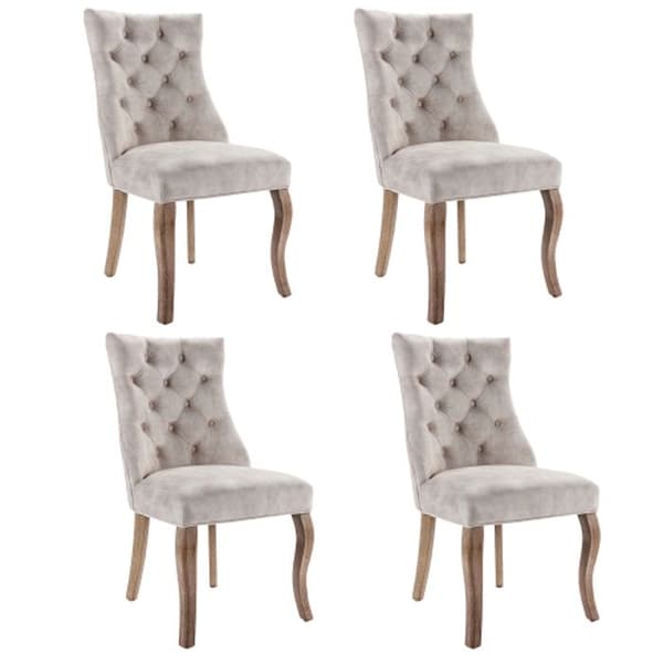 Fyrkantig stol, matstol i ljust beige sammet, hög rygg med knappnålar (set om 4)