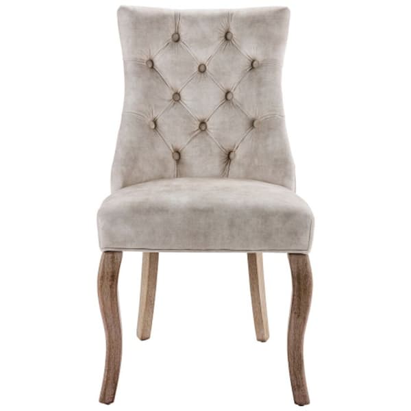 Fyrkantig stol, matstol i ljust beige sammet, hög rygg med knappnålar (set om 4)