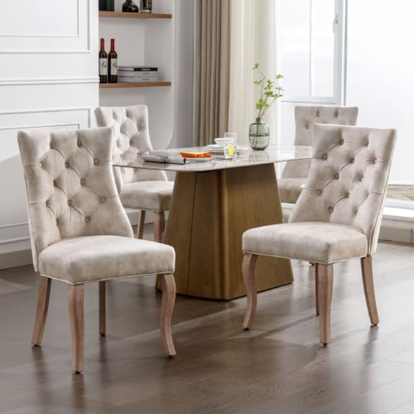 Fyrkantig stol, matstol i ljust beige sammet, hög rygg med knappnålar (set om 4)