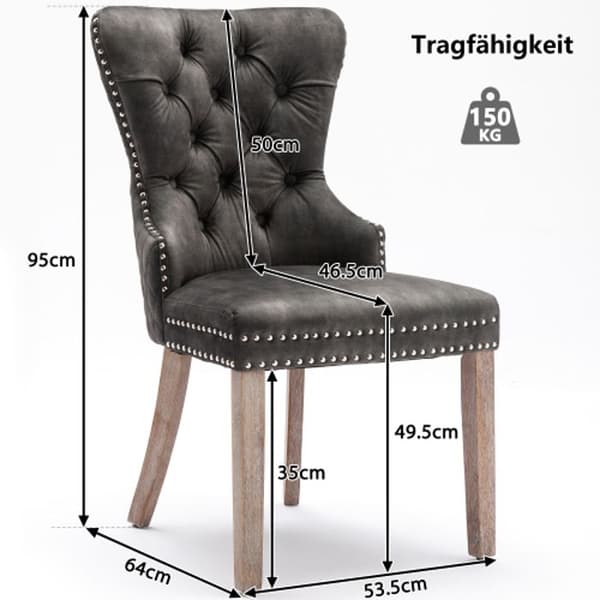 Matstol med enkel rygg, 2 delar, klädd stol med naglad kant, sammetstapet, grå