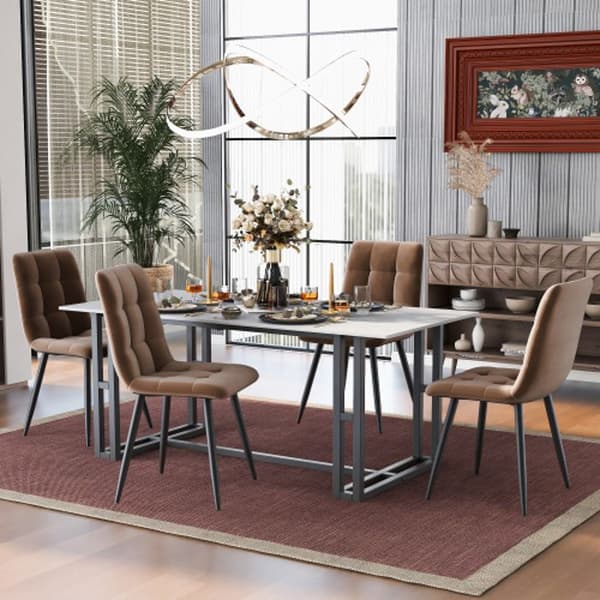 Matstolar (4 st), brun, Set med 4 designstolar med vadderad rygg och sits i sammet, metallstruktur