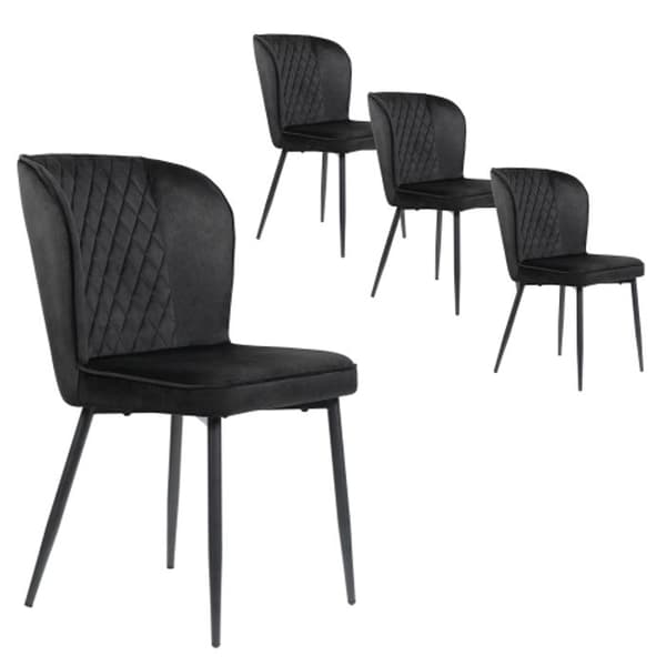 Matstol (4 delar), svart, designstol med stoppning och ryggstöd, sits i sammet, ram i metall