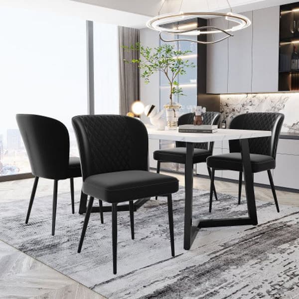Matstol (4 delar), svart, designstol med stoppning och ryggstöd, sits i sammet, ram i metall