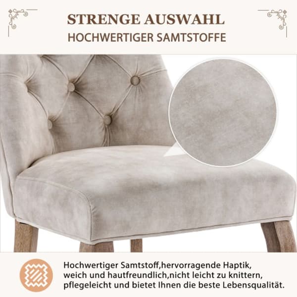 Fyra-sitssoffa, matstol i ljusbeige sammet med sömmar, massiv trästruktur (set om 6)