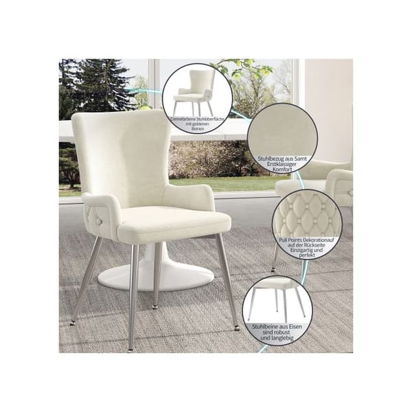Matsalsstol i sammet, set om 2, med fyra ben i silverfärgad metall, beige