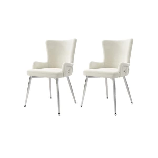 Matsalsstol i sammet, set om 2, med fyra ben i silverfärgad metall, beige