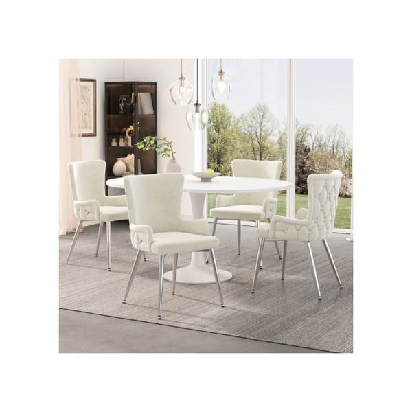 Matsalsstol i sammet, set om 2, med fyra ben i silverfärgad metall, beige