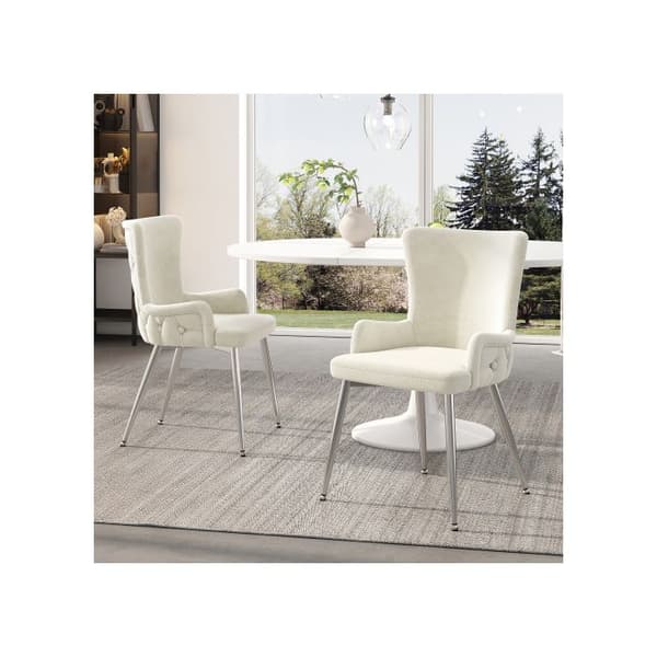 Matsalsstol i sammet, set om 2, med fyra ben i silverfärgad metall, beige