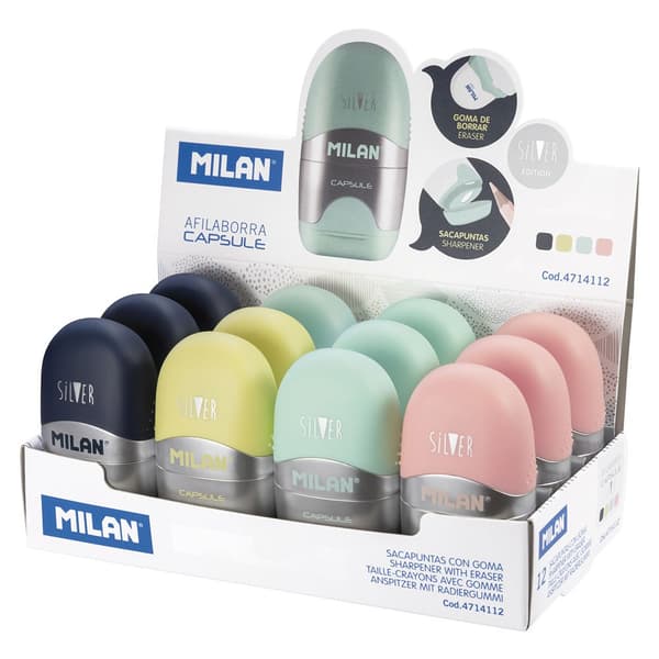 Milan Display Box 12 Capsule Silver Med Penna Pennvässare Capsule Silver Durchsichtig