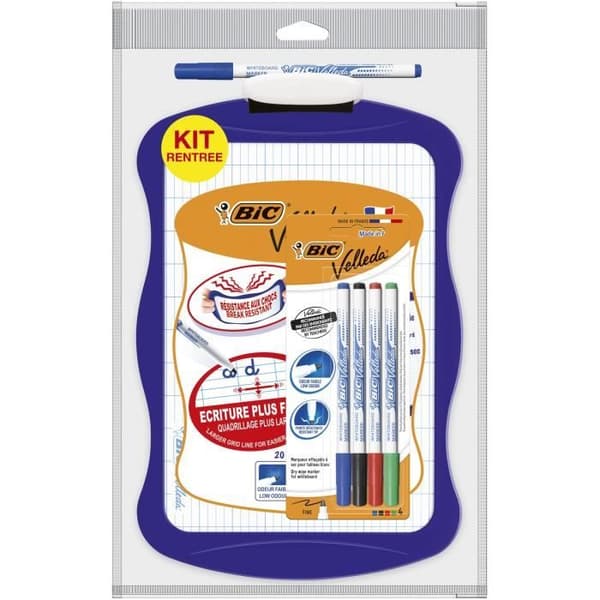 BIC Velleda School Slate Dubbelsidig torrradering (21x31 cm) med 4 torrraderingsmarkörer och suddgummi - paket med 1