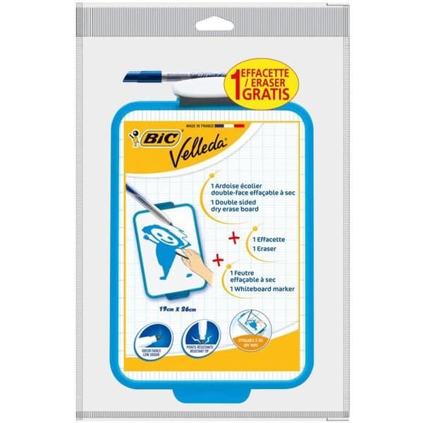 BIC® - Velleda® torrraderingsyta - 19x26cm + 1 Velleda® 1721 fin torrraderingsmarkör (blått bläck) + 1 klippt suddgummi