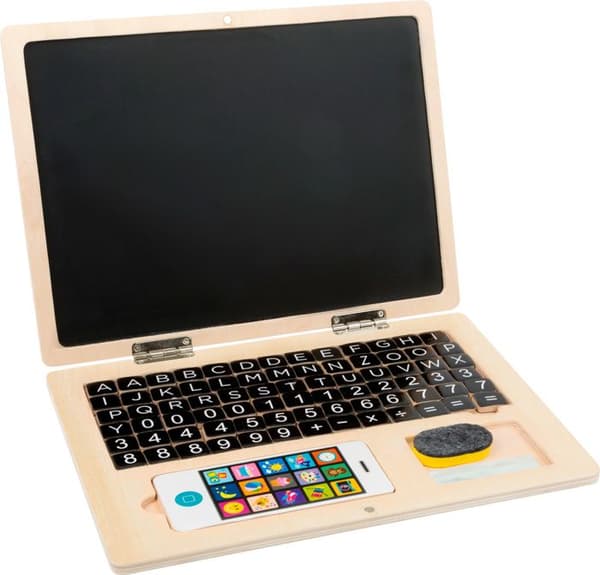 Träbärbar dator - Small Foot - Magnetkort - Brun och svart - Beige - Barn - Blandad