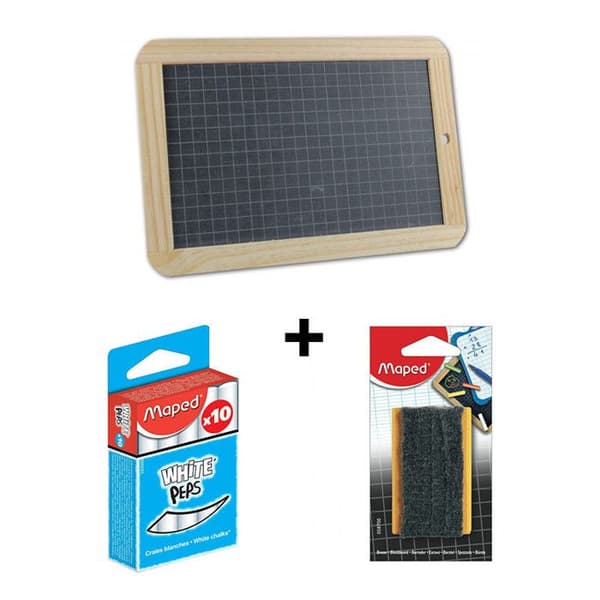 Packa 1 svart skiffer + låda med 10 vita kritor + 1 borste
