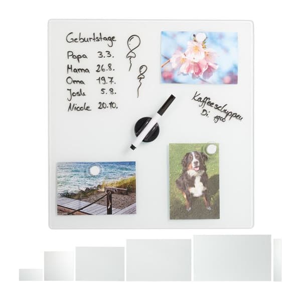 Relaxdays Magnetiskt minnesblock, skyddsglas, påminnelsepanel, 3 magneter, 40x40 cm, vit