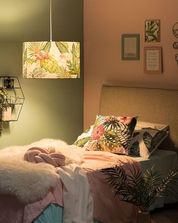 Hängande Lampa Vit tyg Gröna Löv och Flamingos Tryck Trum Form Modern