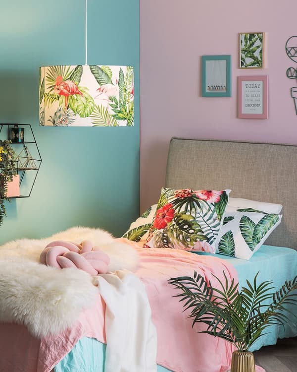 Hängande Lampa Vit tyg Gröna Löv och Flamingos Tryck Trum Form Modern