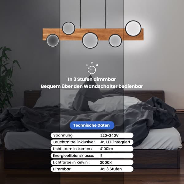 Brilliant Chaumont LED pendel 100cm sort/træ, aluminium/metal/træ, 1x LED integreret, 20 W, (lysstrøm: 2300lm, lysfarve: 3000K)
