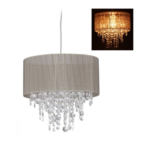 Relaxdays kristallhängande lampa, organzaskärm, E27, ljuskrona för vardagsrum, Hx D 129 x 32 Grå/Silver