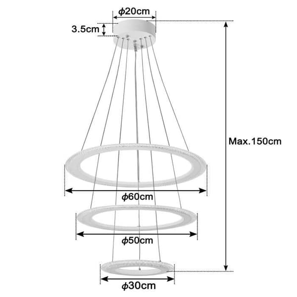 128W LED Pendelljus Modern Kristallkrona 2 Ringar Upphängning Justerbar höjd Akryl Taklampa för vardagsrum - Cool White