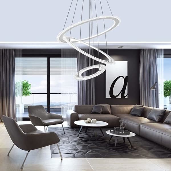 128W LED Pendelljus Modern Kristallkrona 2 Ringar Upphängning Justerbar höjd Akryl Taklampa för vardagsrum - Cool White